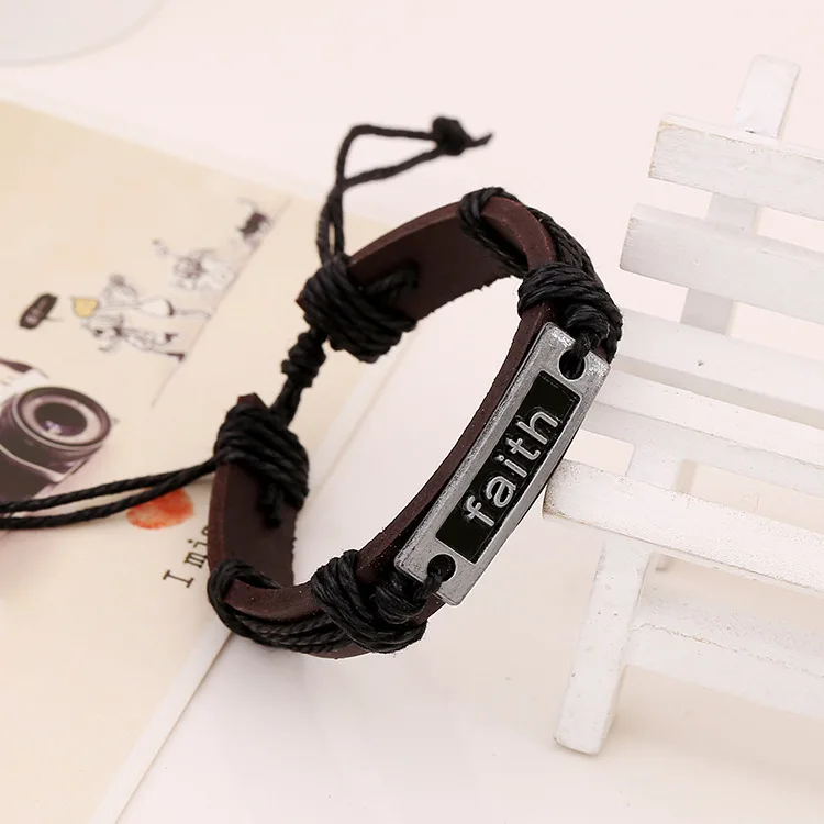 Wholesale handmade encourage letter faith hope engraved man leather bracelet for gift