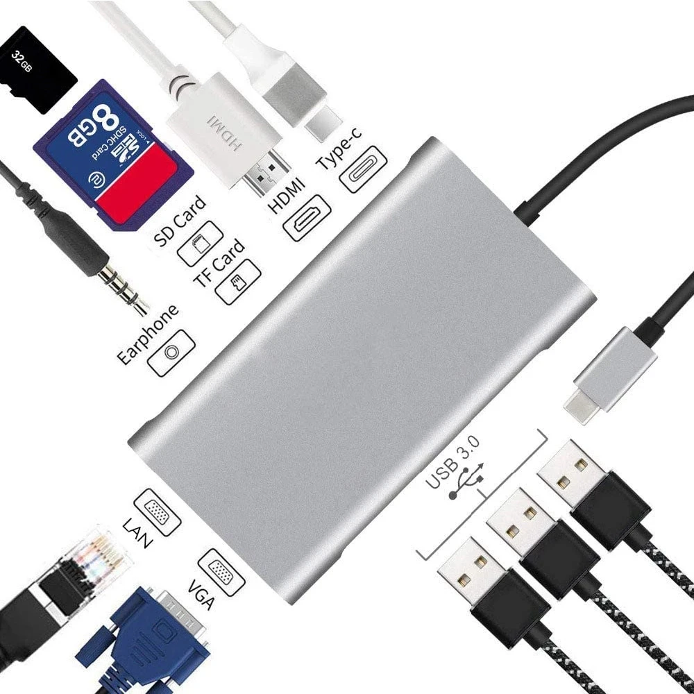 Wholesale USB C Hub 10 IN 1 Retail To VGA Adapter +RJ45 Lan Ethernet +SD TF USB-C 3.0 +3.5mm Audio Video For MacBook Pro