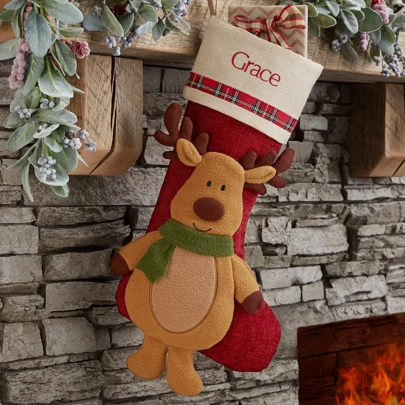 Penguin Cheerful Holiday Personalized Embroidery Winter Linen Cuff Plaid Christmas Decorative Stockings