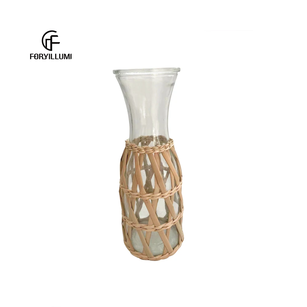 Vintage High quality handmade rattan woven glass flower vase for vase for home decor
