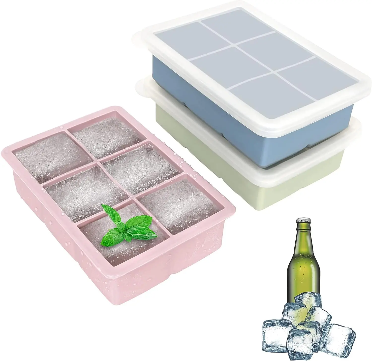 Easy Release and Flexible Silicone Ice Cube Trays Silicone Big Ice Cube Mold with Lids for Whiskey