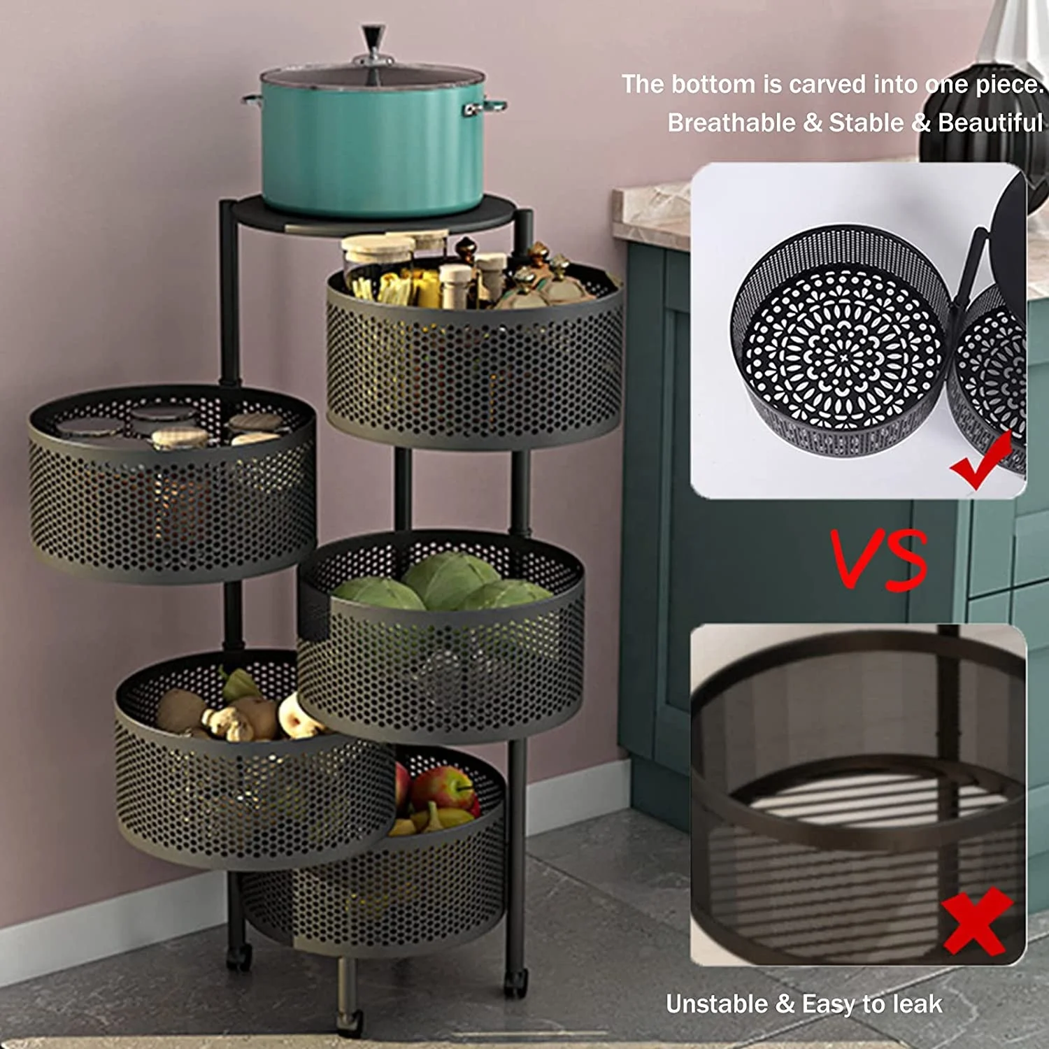 Multifunctional Metal Wire Removable Floor Standing 360 Rotating Kitchen Cabinet Vegetable Fruit Storage Basket Rack With Wheels