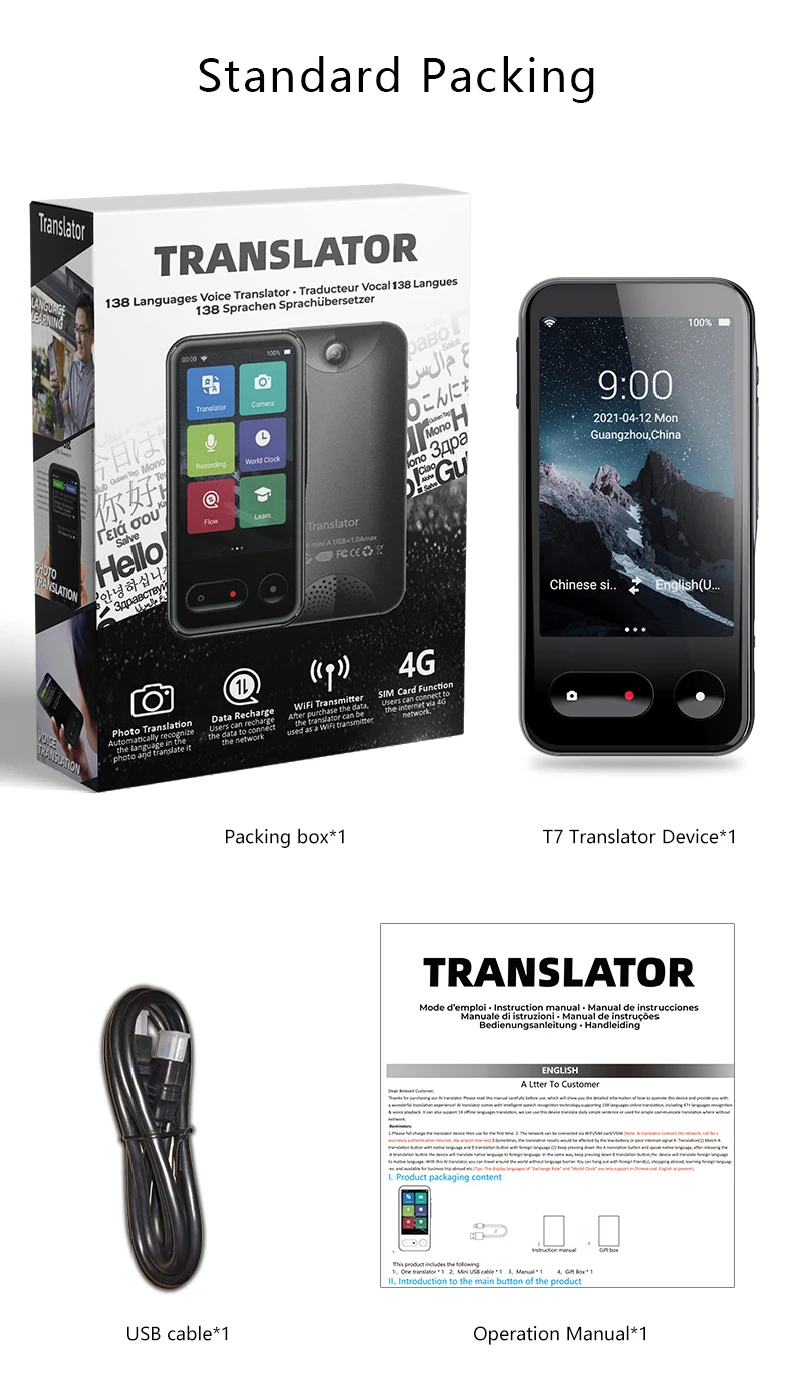 Powerful 4G Wifi Voice Translator Device Support 138 Languages Off-Line Camera Translation Sim Card Translator T7