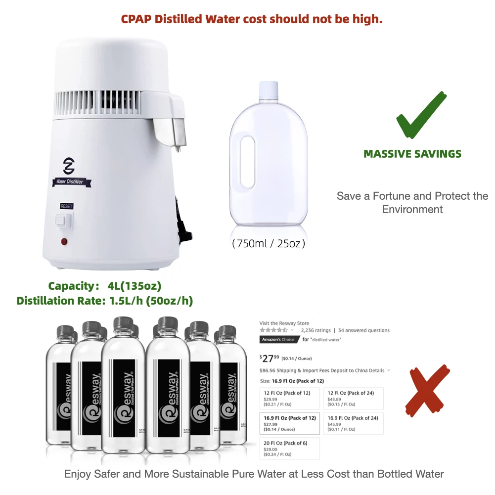 cpap water distiller for travel compatible with Resmed, Respironics Machines, Personal Humidifier