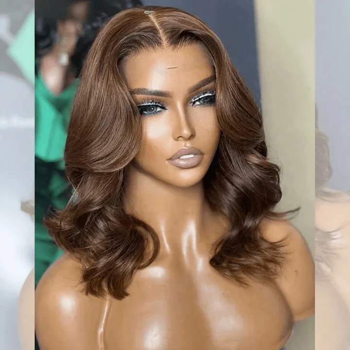 Wavy 13x4 HD Transparent Lace Front Wigs for Black Women Chocolate Brown Short Bob Human Hair Wigs