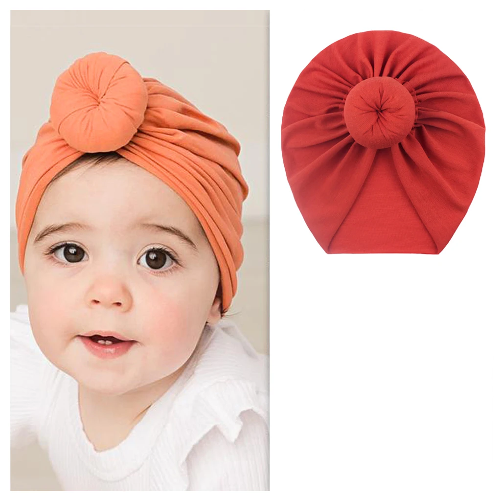 New baby cotton hijab hat children solid color knotted donut Indian bonnet turban cap for kids