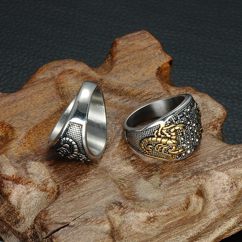 PUSHI men ring gold scorpion rhinestone men jewelry stainless steel bling rings