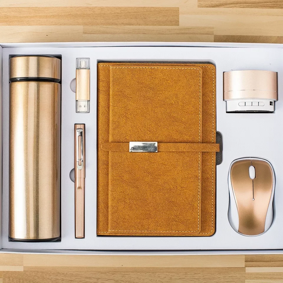innovative products 2022 corporate gifts, Vacuum flask A5 diary notebook pen USB flash drive wireless speaker mouse gift sets