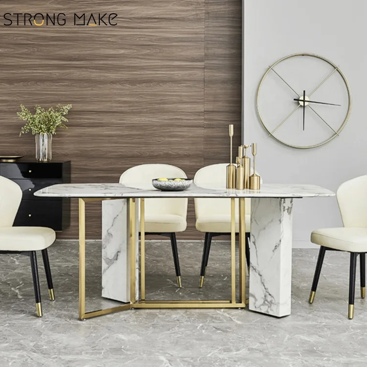 2023 Italian High Quality Simple Modern Gold Base Luxury Dinning Room Table Rectangle Marble Sintered Stone Top Dining Table