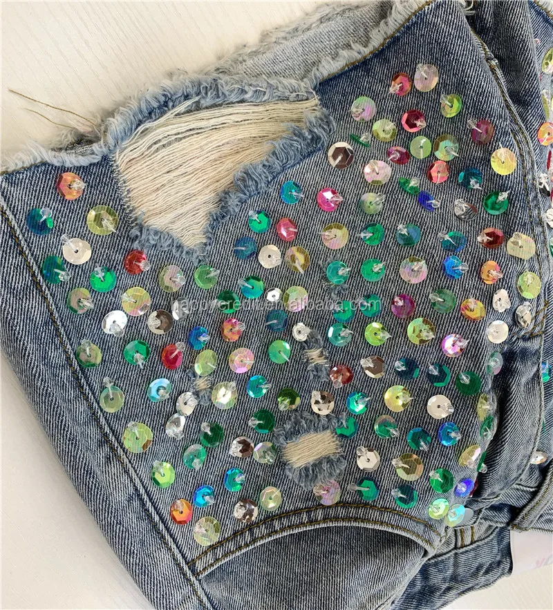 High Street Stylish Colorful Hand Sewn Crystal Rhinestone Girls Jeans Denim Shorts