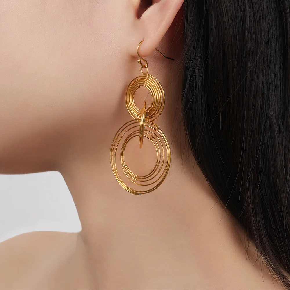 Hyperbole Multi Layer Interlocking Coil Hook Earring 18K Gold Plated 316L Stainless Steel Mosquito Coil Drop Earring