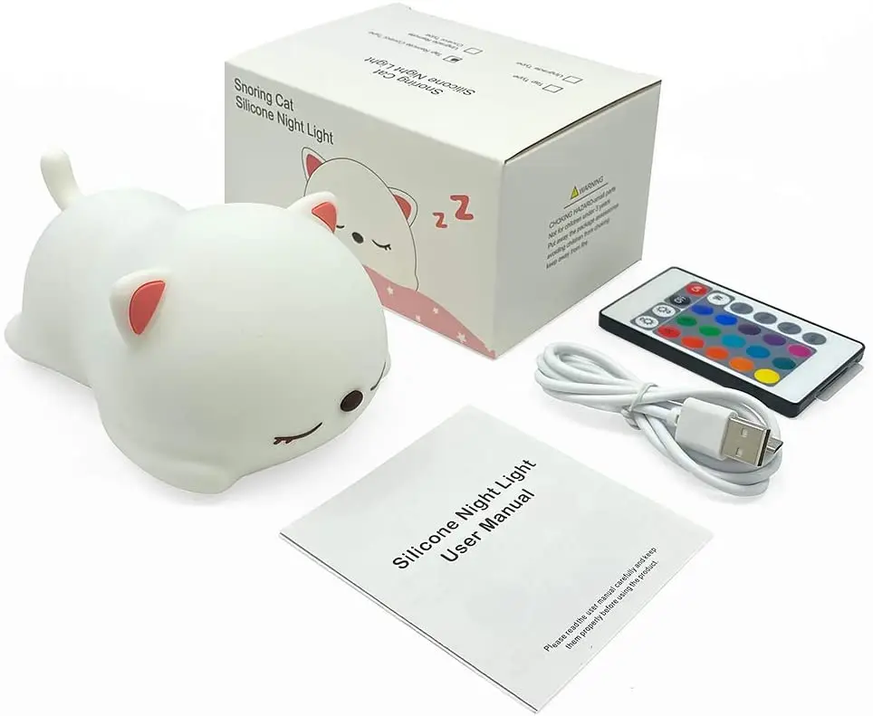 Cute Kids Night Light Silicone Sleeping Kitty Animal USB Rechargeable Portable Lamp Kawaii Kitten Table Nightlight