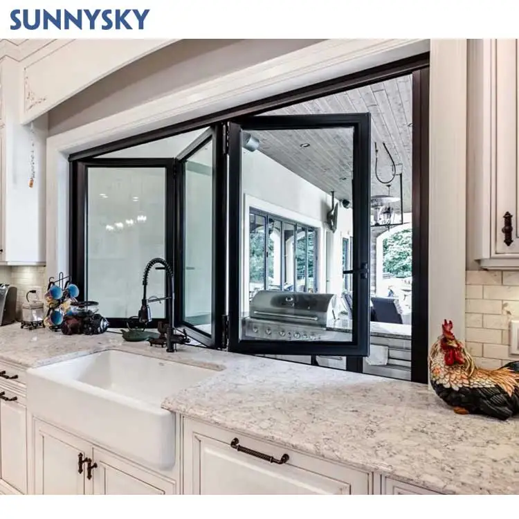 Sunnysky High quality white Aluminum Frame Large View Glass Bifolding Windows Balcony Accordion Folding Patio Window