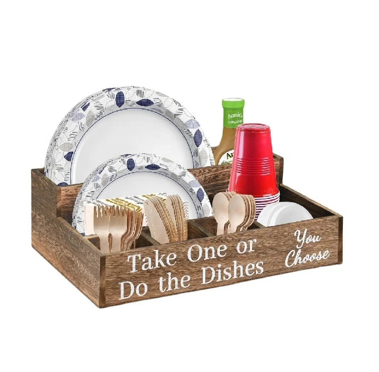 Kitchen Utensil Holder Paper Plate Dispenser with Large Cup Holder Wooden Paper Plate Holders