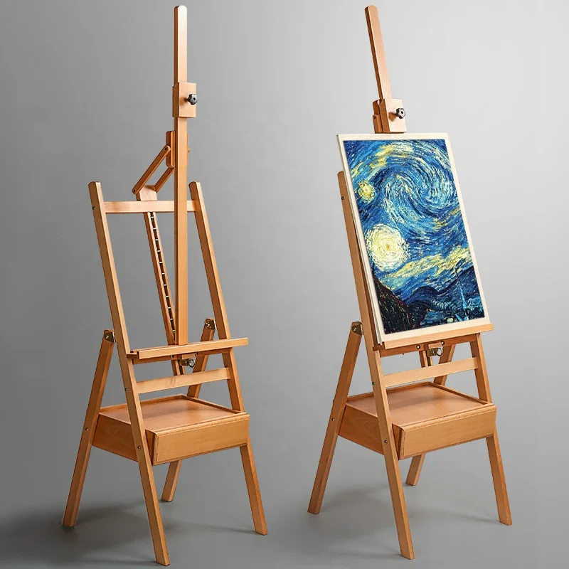 Beech Wood Folding Sketching Oil Painting Lifting Easel Storage Drawer Adjustable Display Stand Easel for Artists Students