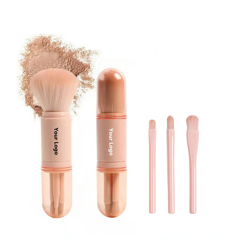 2023 New Custom Logo Portable 4 in 1 Retractable Powder Foundation Brush Mini Eye Eyeshadow Makeup Brush Set