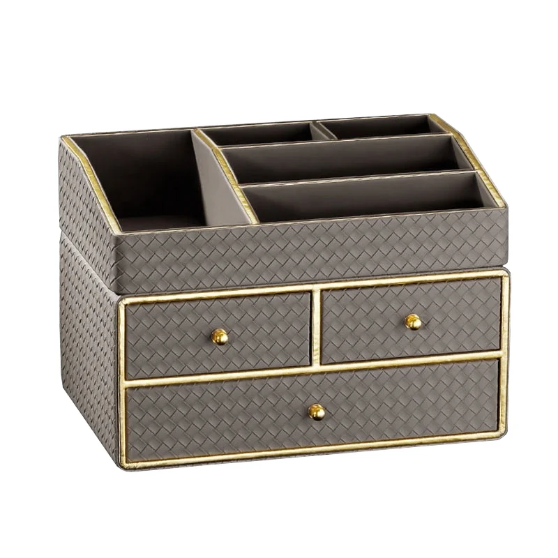 Multi-Functional PU Leather Desktop Organizer with Drawers Polygon-Shaped Office Storage Bins for Makeup Storage or Bag Use