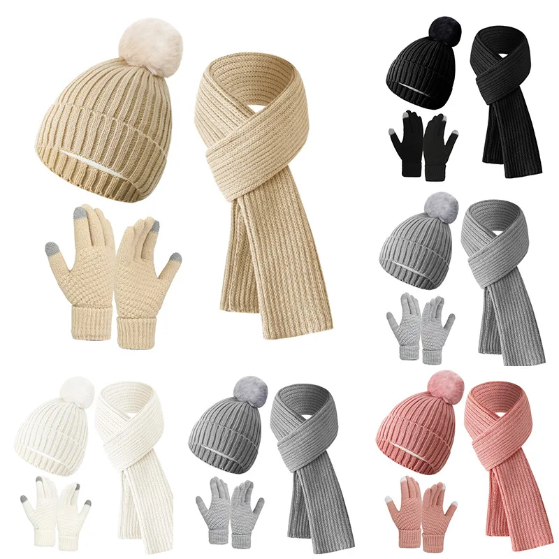 Winter 3pcs/set Gloves Scarf Hat Suits Gift Unisex Knitted Acrylic Winter Warm Adults Hat Scarf and Glove Sets