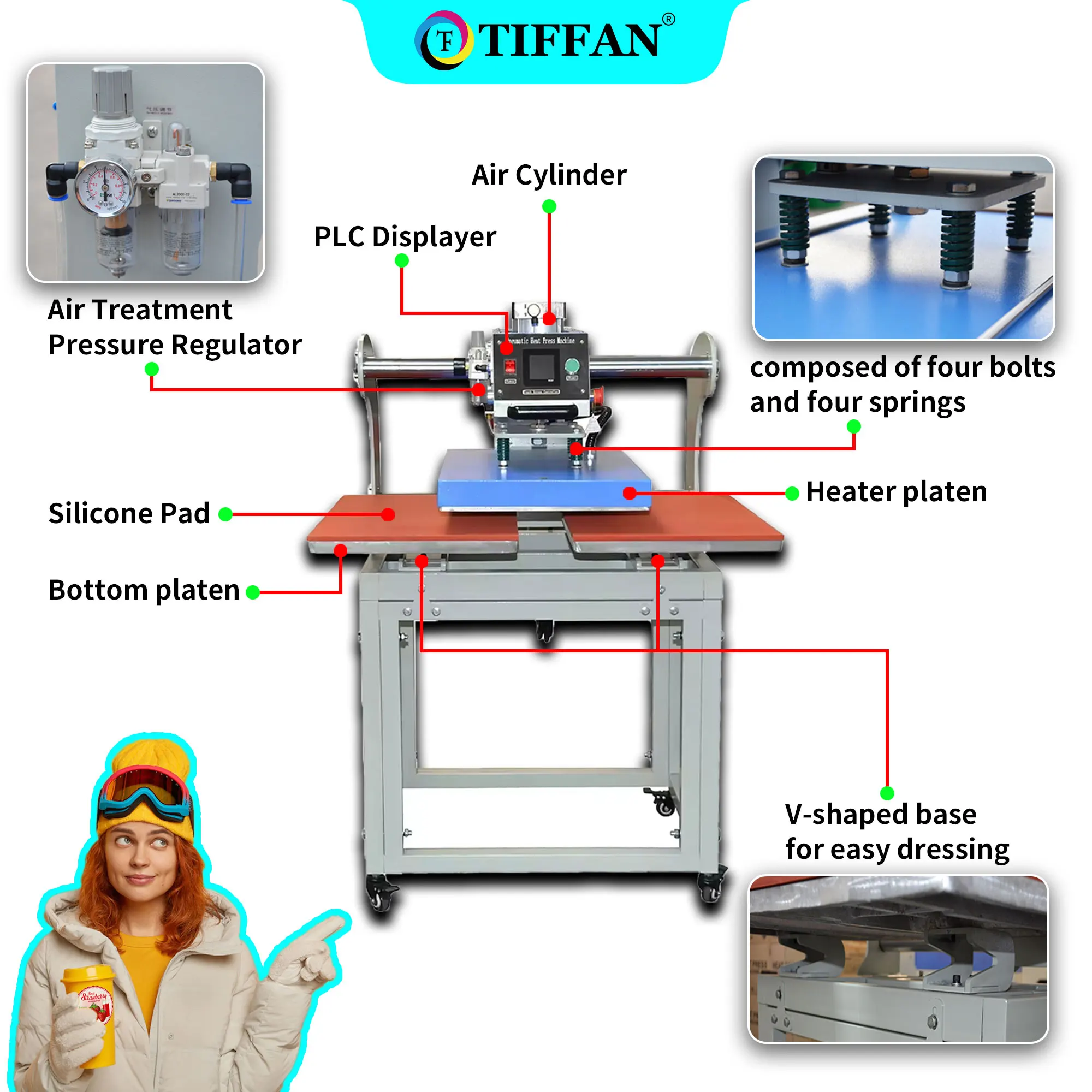 TIFFAN Slider way bottom platen hydraulic pillow fabric rhinestone/crystal 60x80cm heat transfer machine large format