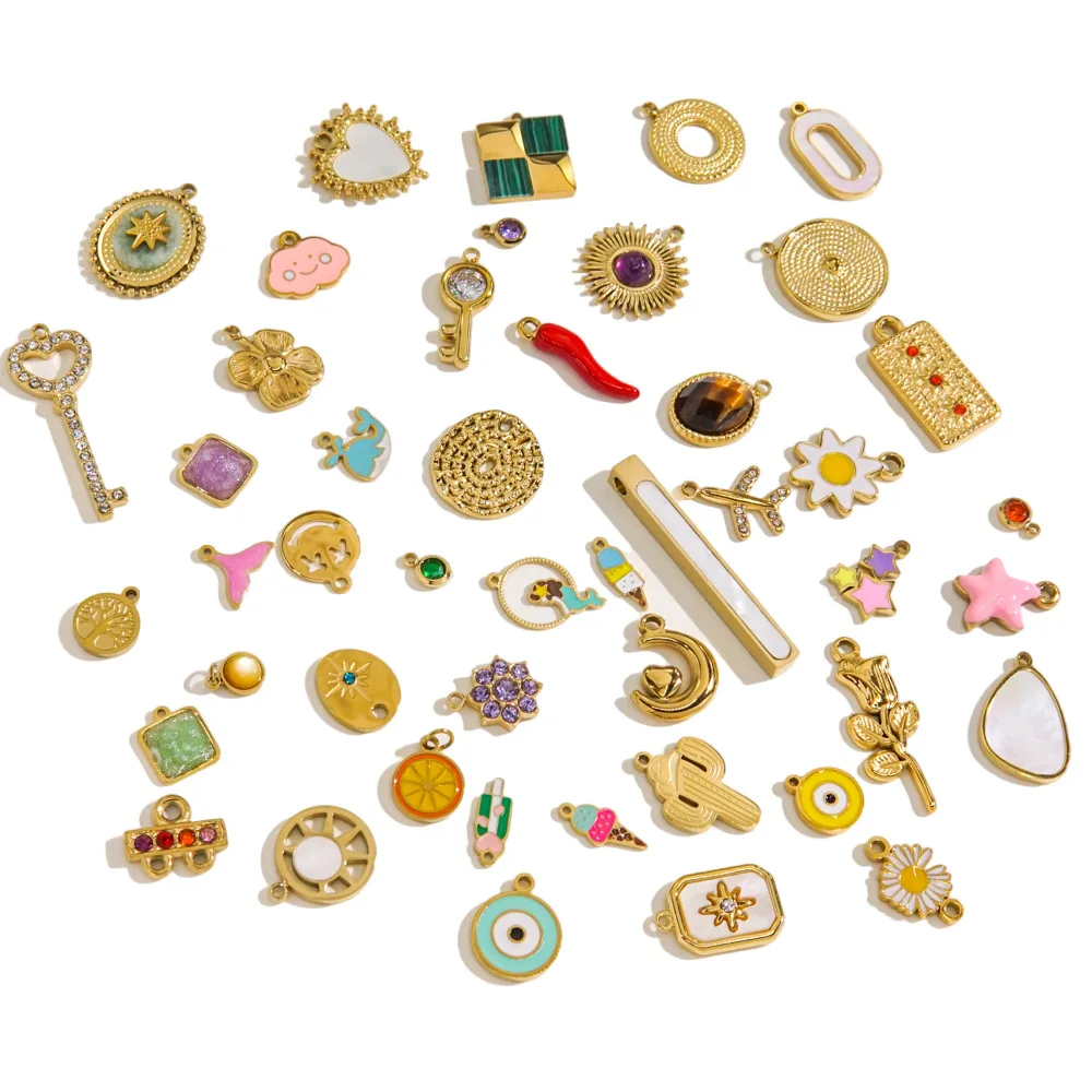 Assorted Stainless Steel Gold Plated Dripping Oil Enamel CZ White Shell Charms Personalized Pendants Bracelet Necklace Accessory
