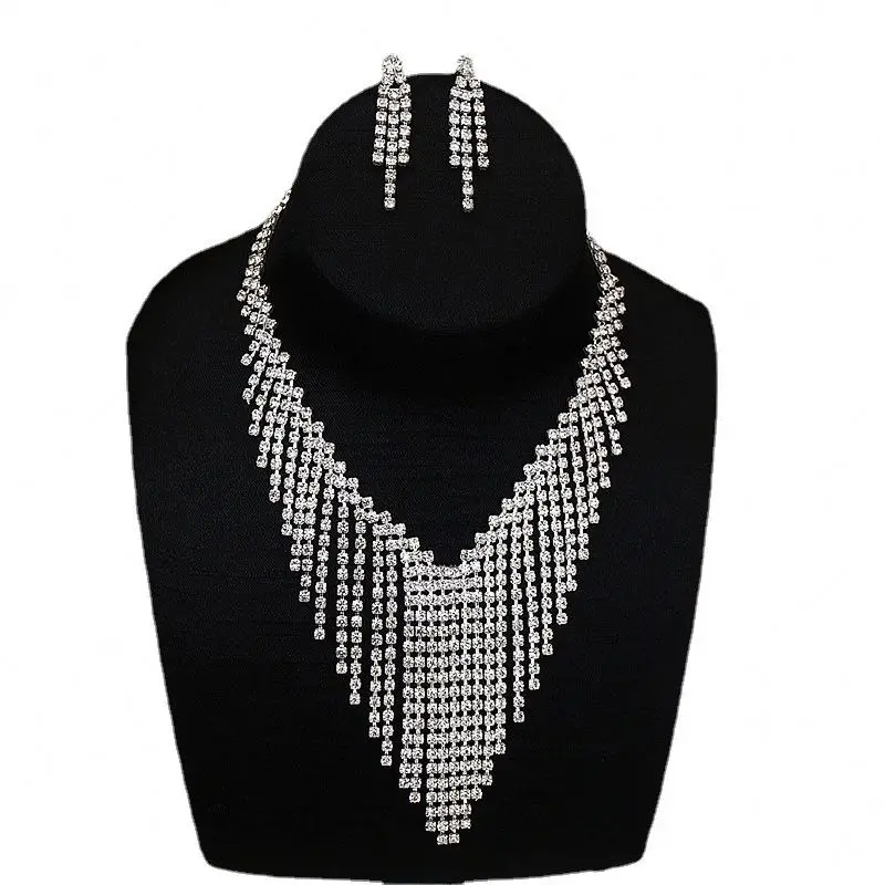 Wholesale Fashion Elegant Ladies Jewelry Full Rhinestone Tassel Collar Bone Necklace Earring Set