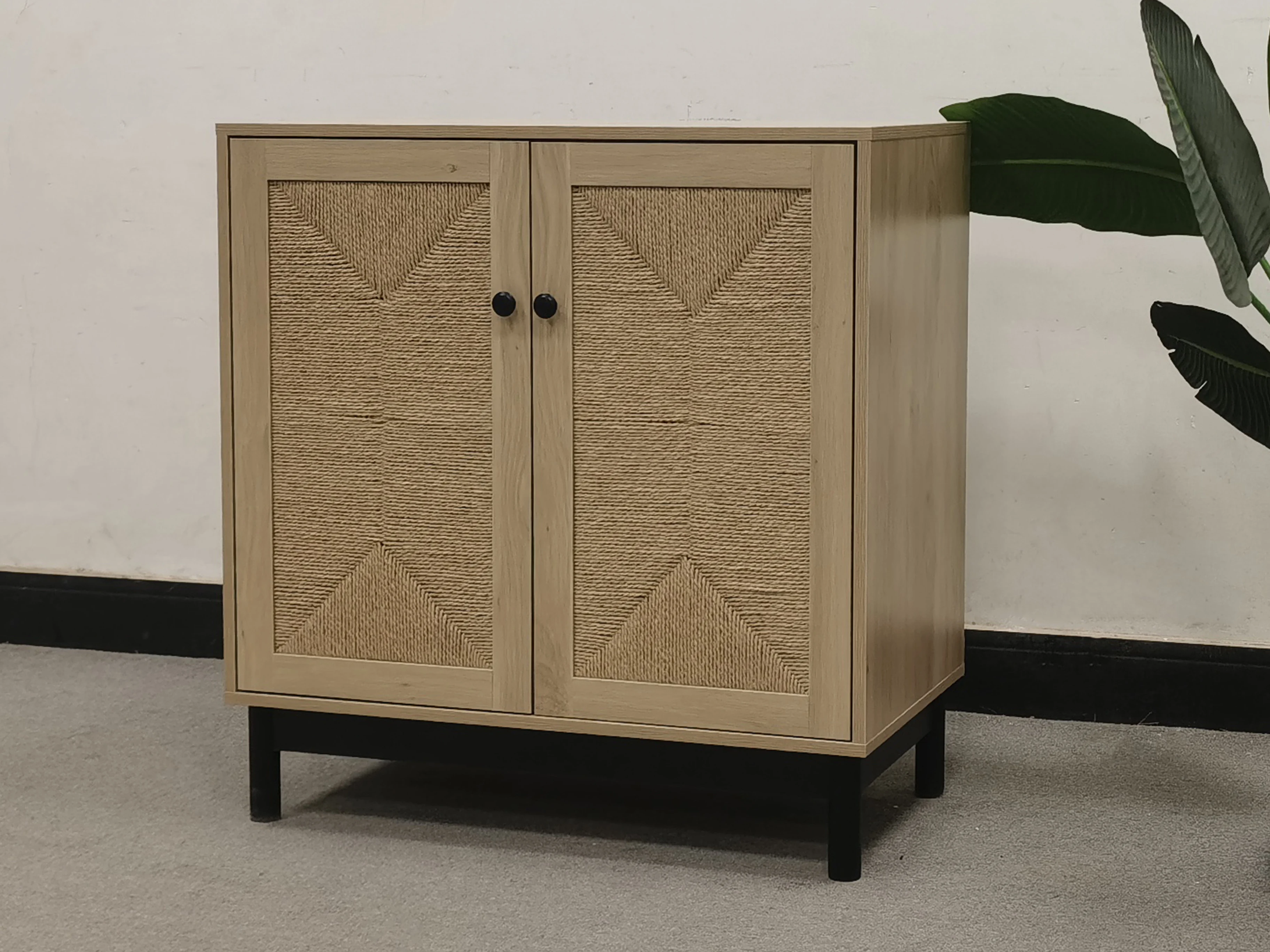 High Quality Customized Wooden Sideboard with Paper Rattan Woven Door Cabinet