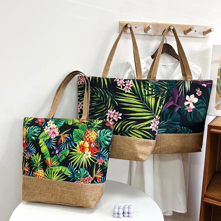 Hot Selling Trend Cotton Linen Summer Beach Towel Tote Large Capacity Shopping Bags Tropical Print Handbag For Lady