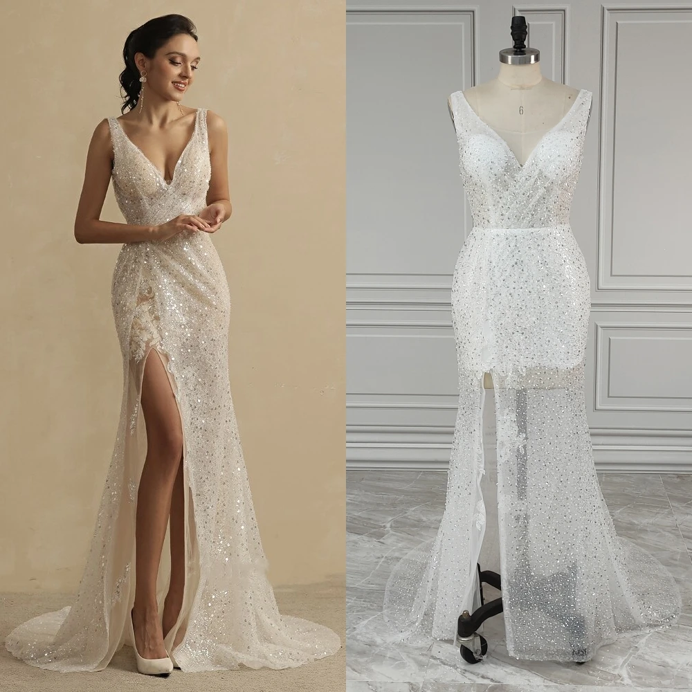 15734# Real Photos Luxury V-neck High Slit Glitter Sequined Beading Appliques Lace Wedding Dress Low Back Bride Gown For Women