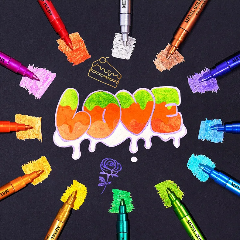 BESTLINE Premium metallic Pens Medium tip marker pens Metal golden-shine markers 12 colors pen sets for DIY painting