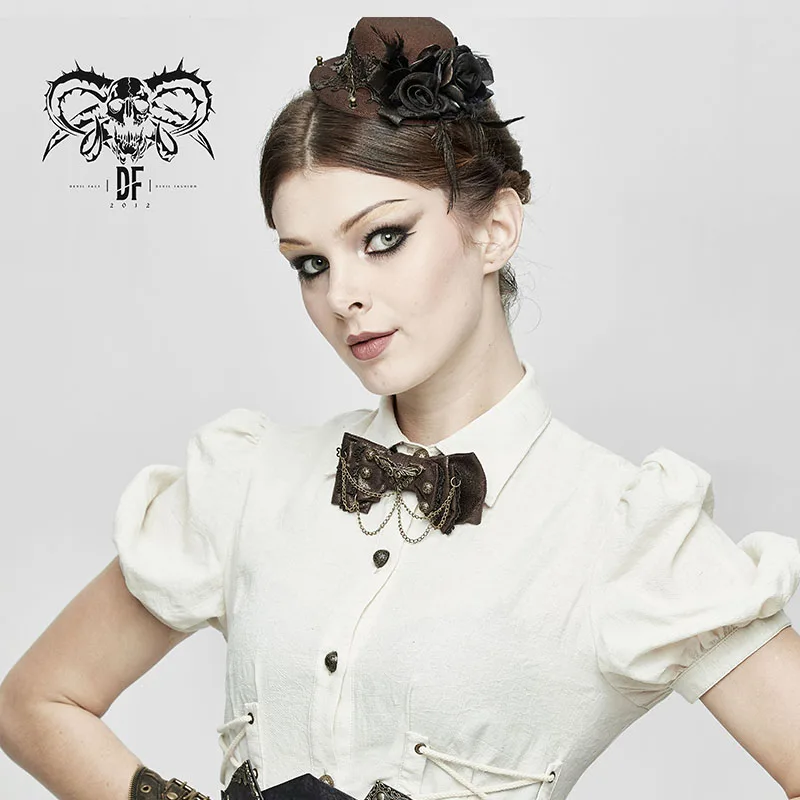 AS056 Devil fashion vintage girls cosplay steampunk women shirt coffee bow tie with metal chain