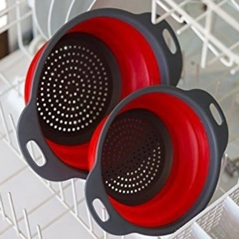 Collapsible Foldable kitchen rice strainer adjustable silicon collapsible bowl plastic strainer colanders set with hand