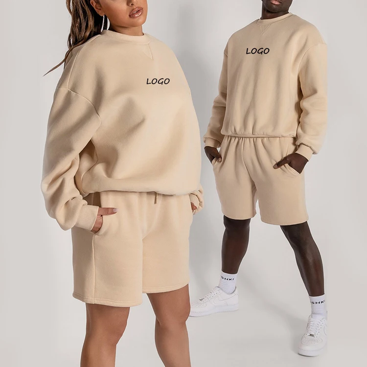 Couple clothes streetwear mens sweat suit 2 pieces set blank 100% cotton gym track suit men shorts sets in training&jogging wear