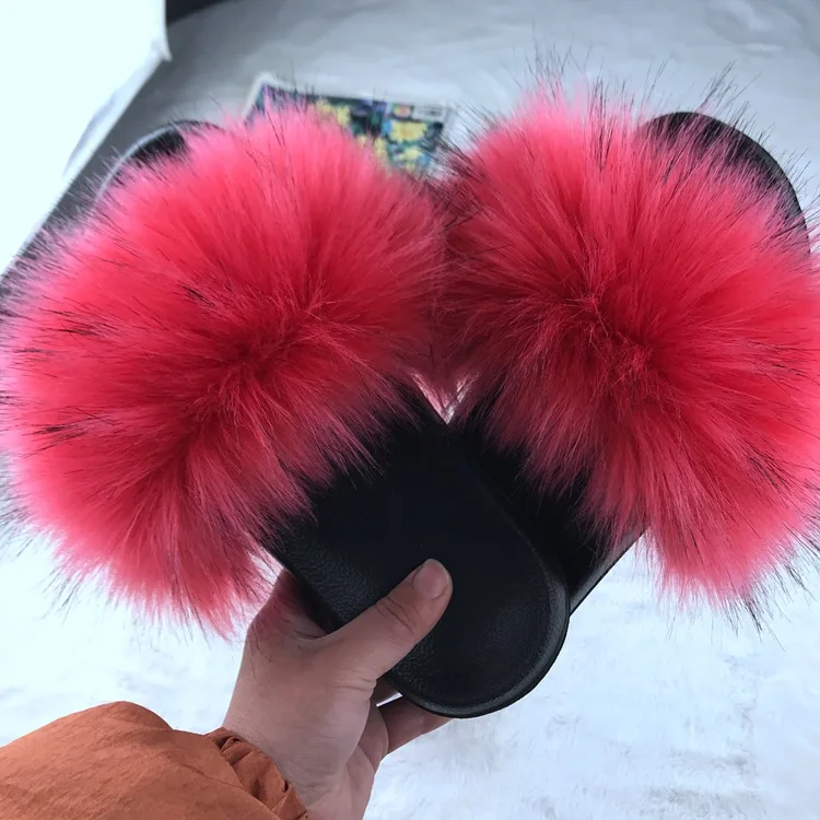 New wholesale plush female slippers raccoon fur fox fur women slippers sandals for women