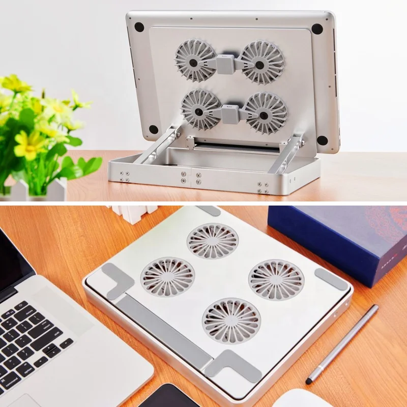 Universal Adjustable Bracket Vertical Laptop Stand With Multifunctional Storage And 2 Cooling Fans Foldable Aluminium Holder