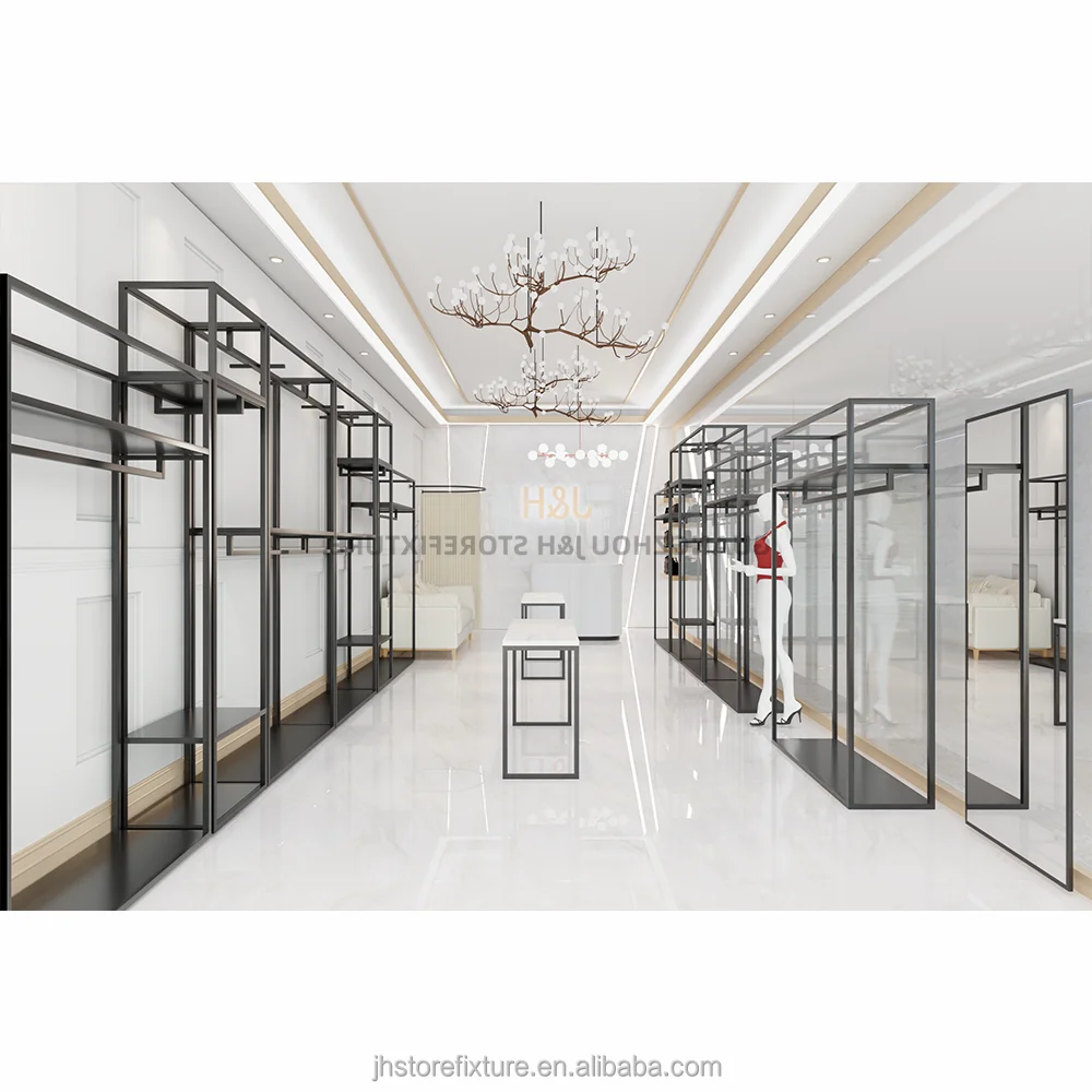Fashion beauty store interior designed fixtures black custom women clothing display rack equipment shoes table stand
