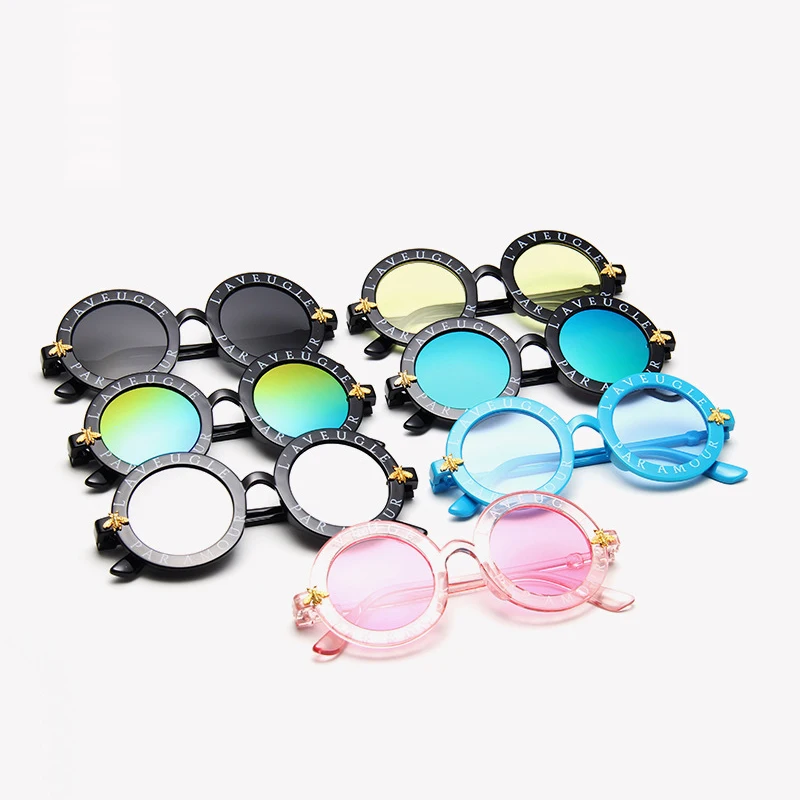 New Famous Brand Designer Vintage Round Frame Fashion Child Cute Kids Gold Bee Children Black Shades Sun Glasses Sunglasses 2021