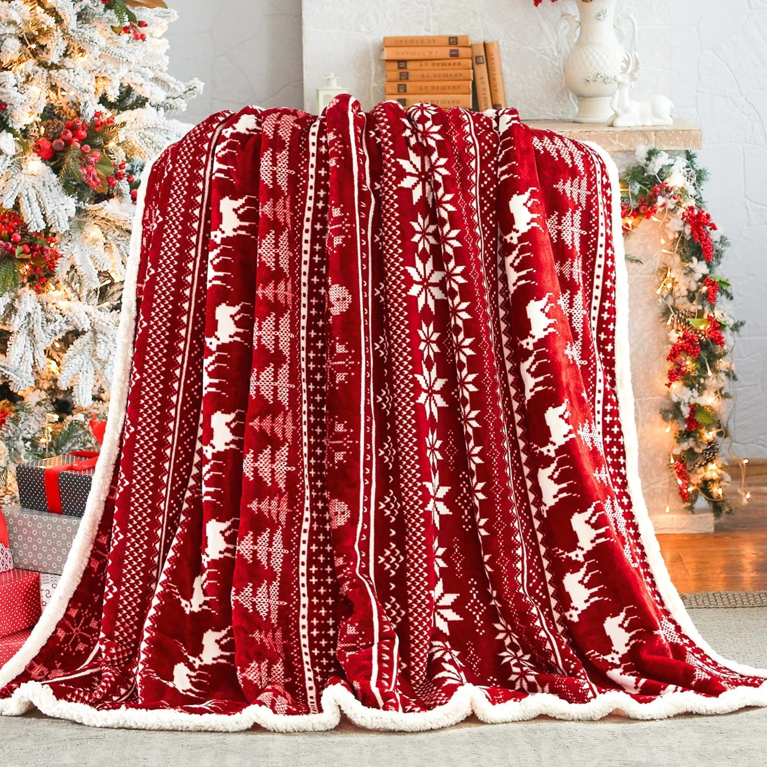 Wholesale Christmas Sherpa Throw Blanket Thick Fluffy Double Side Fleece Sherpa Blanket for Christmas Decoration
