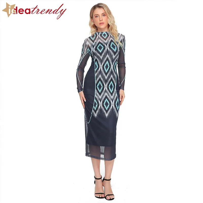 ideatrendy custom stretch long-sleeved dress mesh cloth print design summer 2023 dress