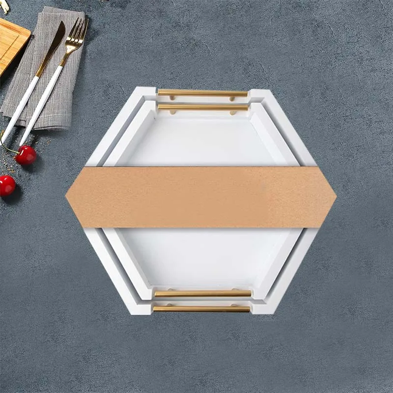Wooden white tray with gold handle, wooden hexagonal nested tray suitable for food decoration, coffee table