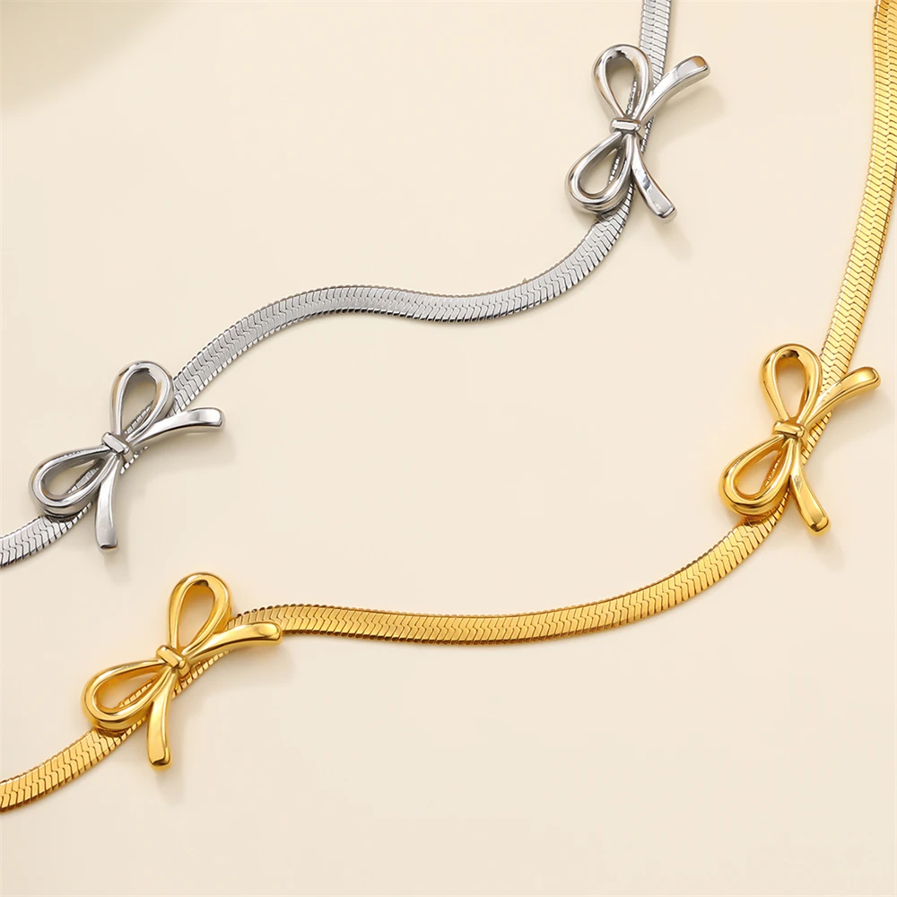 Sweat Resistant 316L Stainless Steel Snake Bone Non Fading 18K Gold PVD Coating Polished Bowknots Decorated Blade Chain Necklace