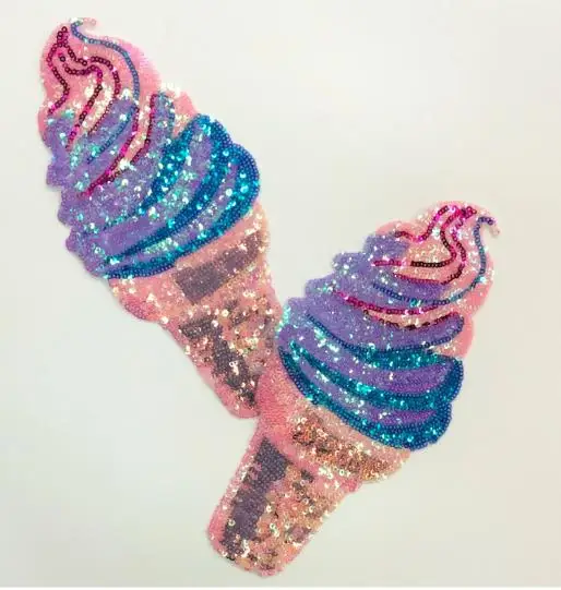 Custom Design 3D Sequin Embroidery Patch Chenille Fabric Iron-On Sticker Clothes Custom Ice Cream Design Sequin Patches OEM