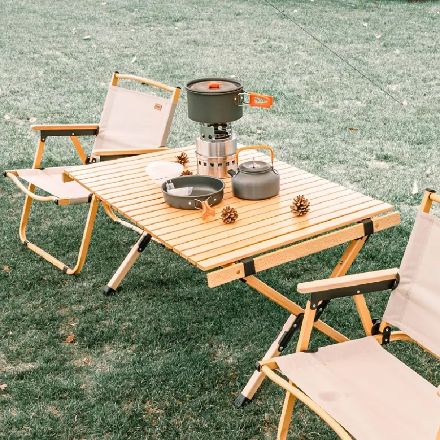 Bright Pine Wood Camping Table Outdoor Foldable Portable Egg Roll Table Camping Picnic Foldable Table