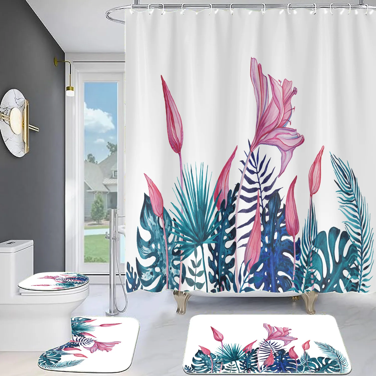 Glamorous Bathroom Set 4 pcs with Floral  Fabric bathroom Shower Curtain and Rugs and Accessories