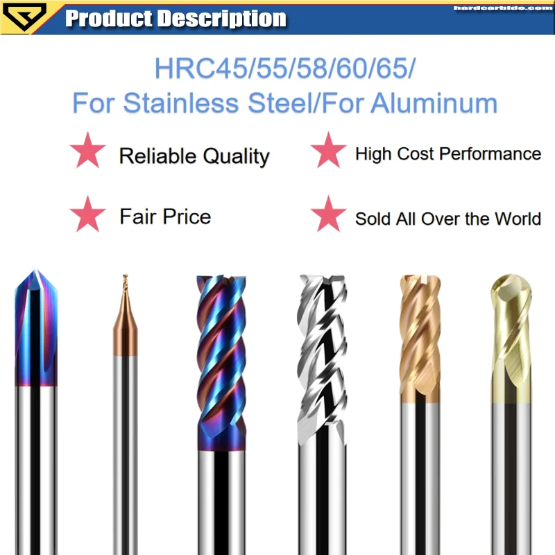 HARDVIK HRC58 CNC Solid Tungsten Carbide Steel flat Ball Nose End Mill Cutter Custom Coating for steel and Milling Machines