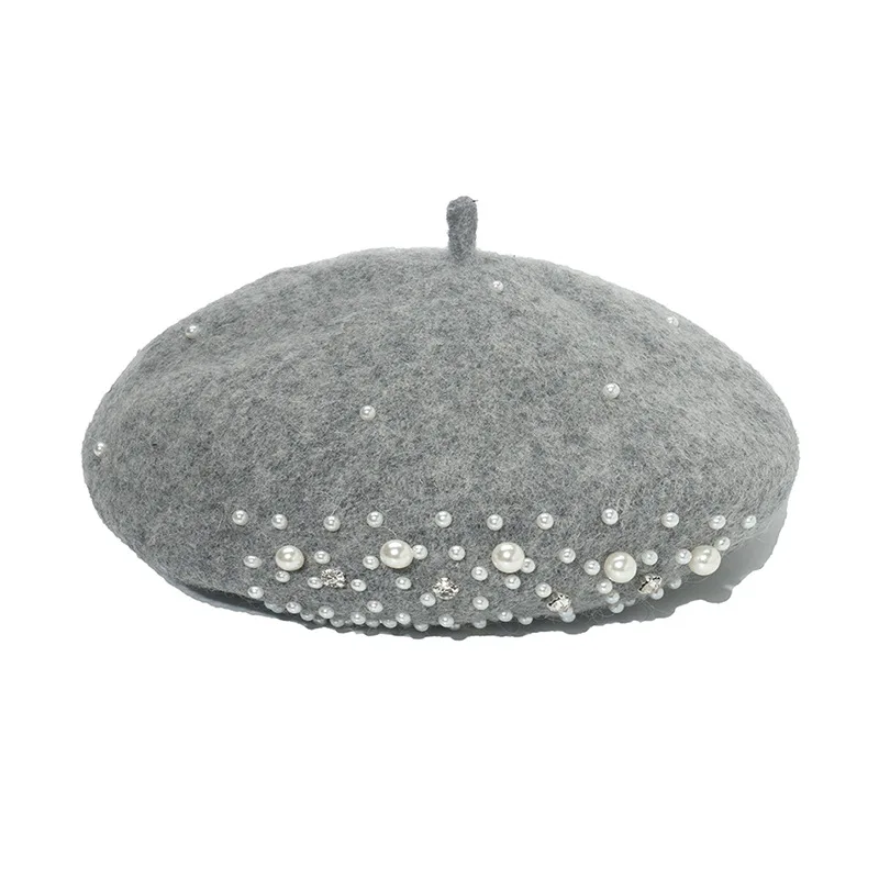 2024 Factory wholesale high quality autumn winter Lady Korean version British pearl point diamond wool painter hat bud Beret hat