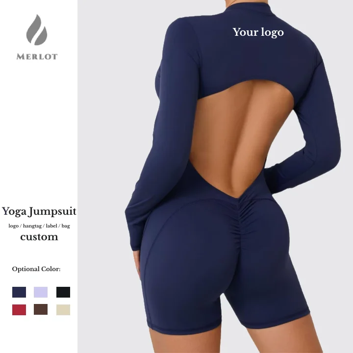Hollow back half-open zipper jumpsuit peach buttocks sports fitness big backless quick-drying one-piece yoga clothing
