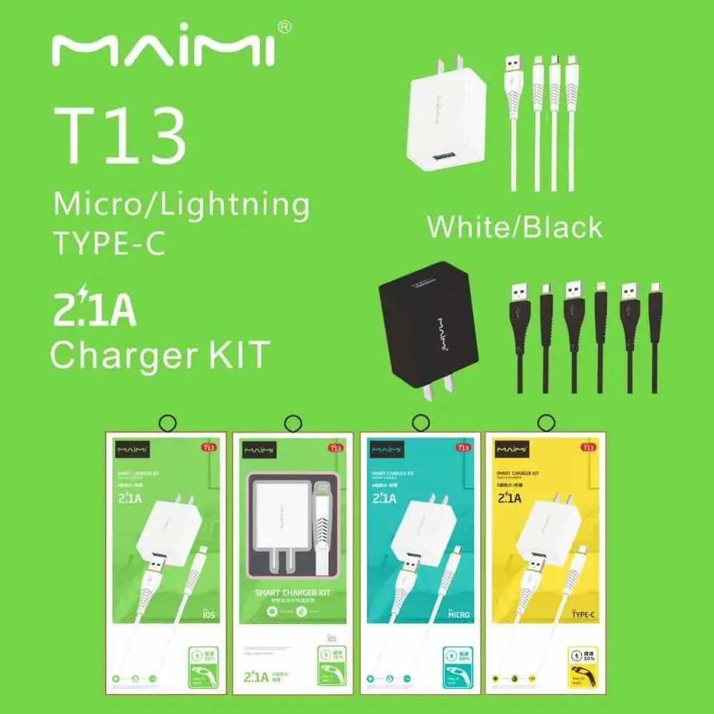 Maimi T13 EU plug USB charger cable travel kit  Wall Charger Adapter Fast Charger  2.1A Fast type C / Lightning cable
