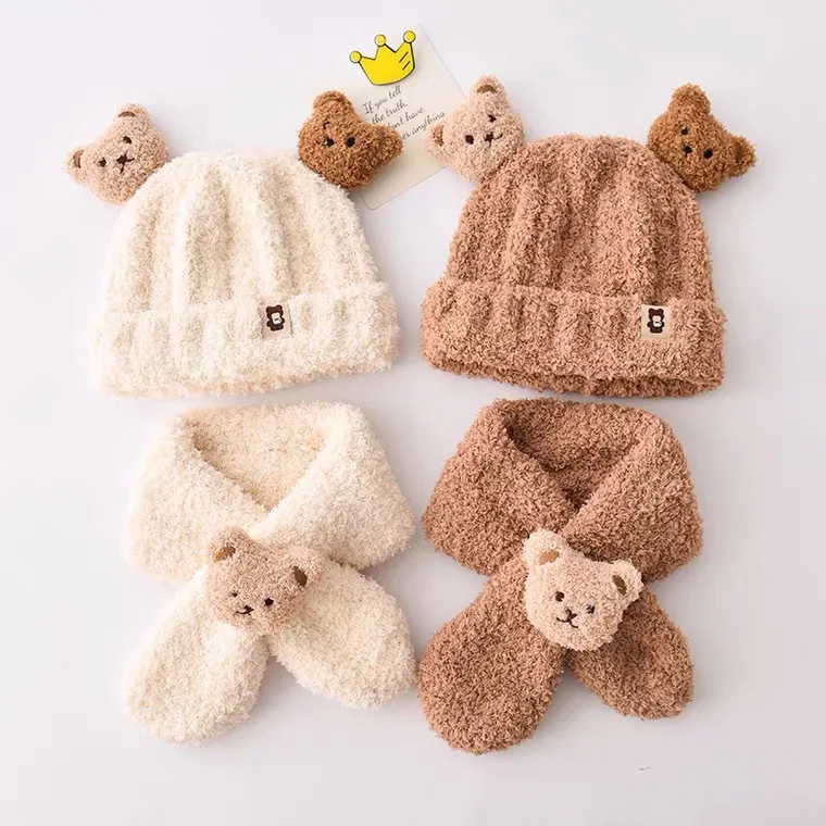 2023 new style Scarf Hat Sets Winter baby Acrylic Knit Bobble Hat Beanie Scarf Plush warm knit kids hats and scarf sets