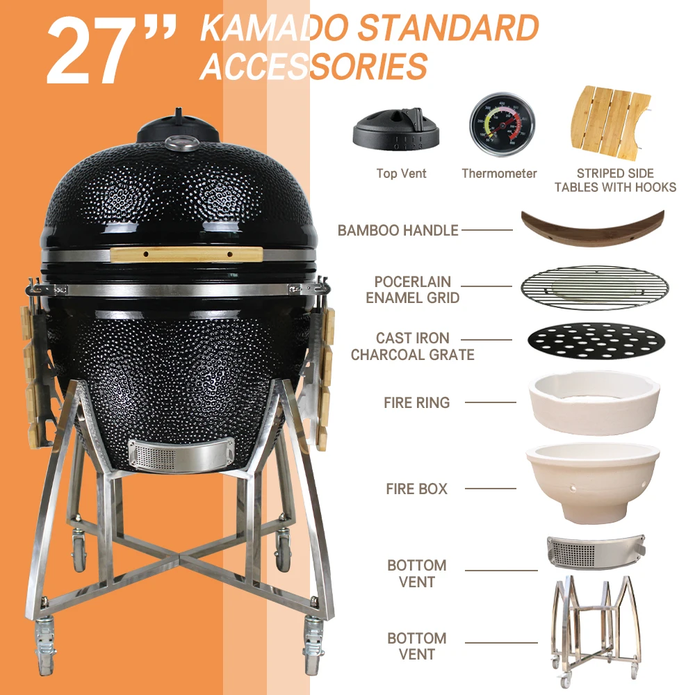 Auplex Kitchen Big Ceramic Kamado 27 Inch Green Charcoal Barbecue Egg Shape Bbq Grill Outdoor