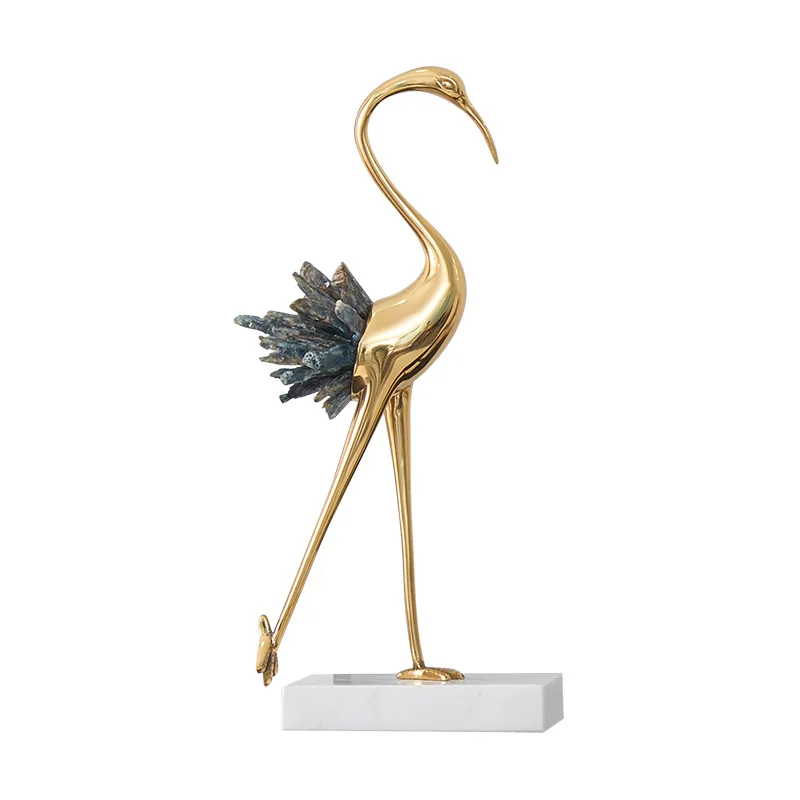 Luxury brass decor crystal stone crane ornaments wedding decor christmas gifts with marble base